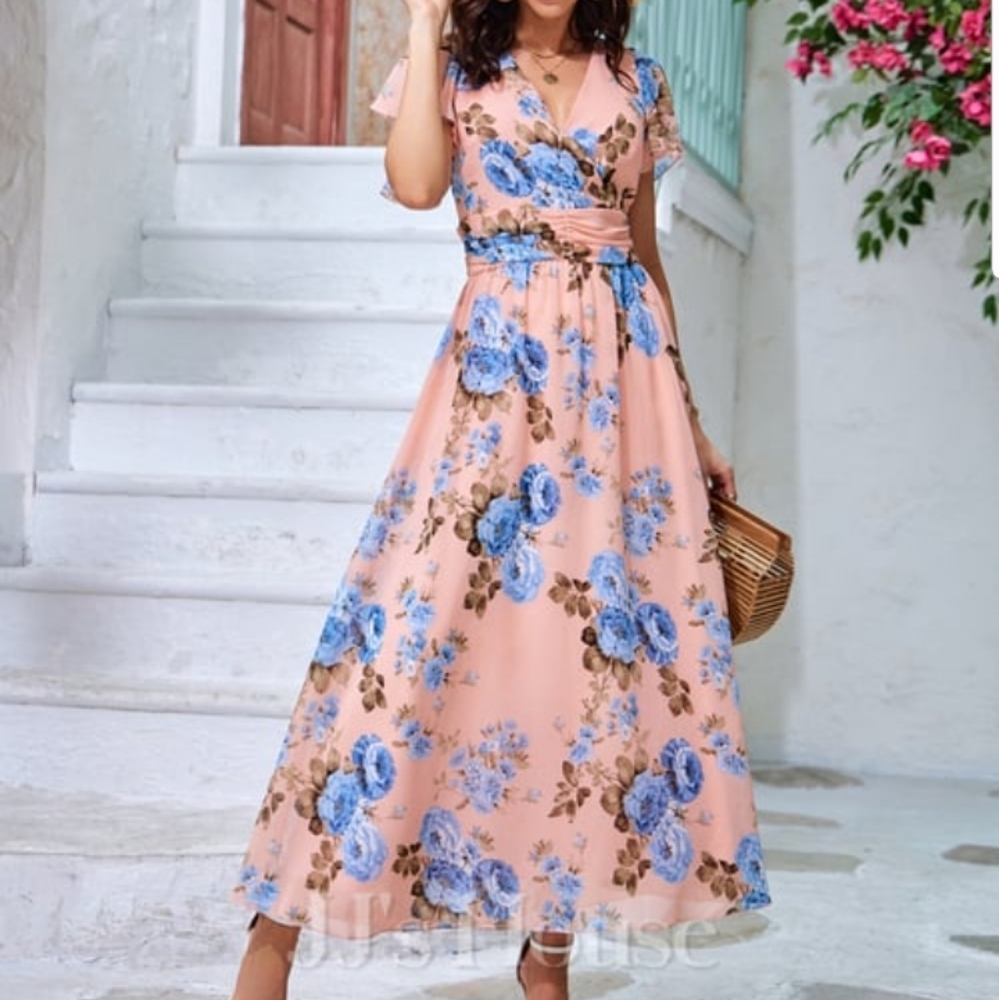Floral Print V-neck A-line Chiffon maxi dress